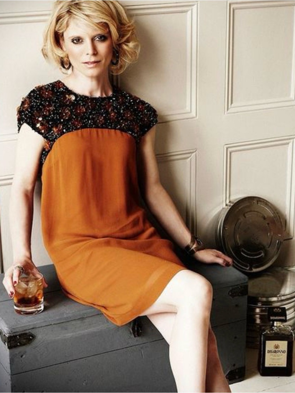French Connection Orange Beaded Yoke Shift Dress